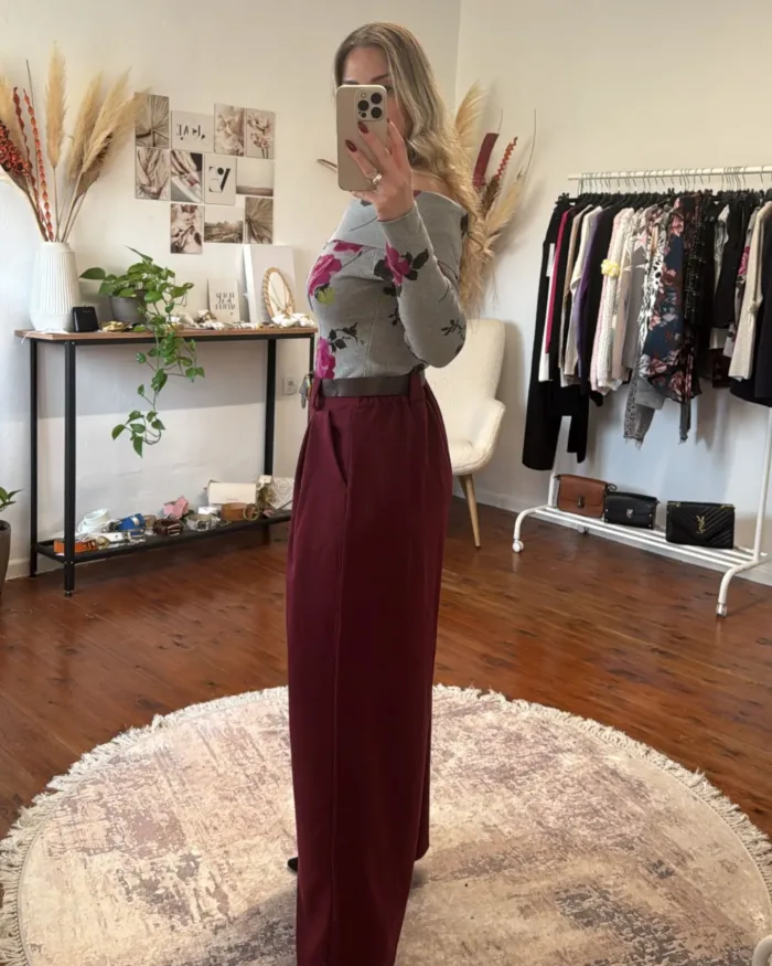 Γυναικείο Παντελόνι Μπορντό Ψηλόμεσο Wide Leg - Image 2