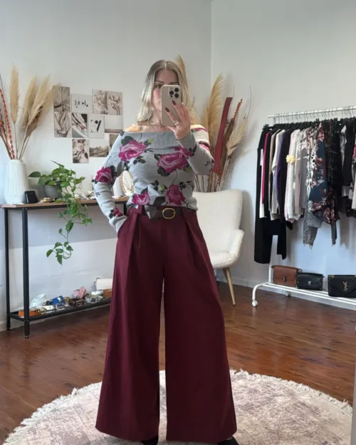 γυναικείο μπορντό παντελόνι wide leg με ζώνη