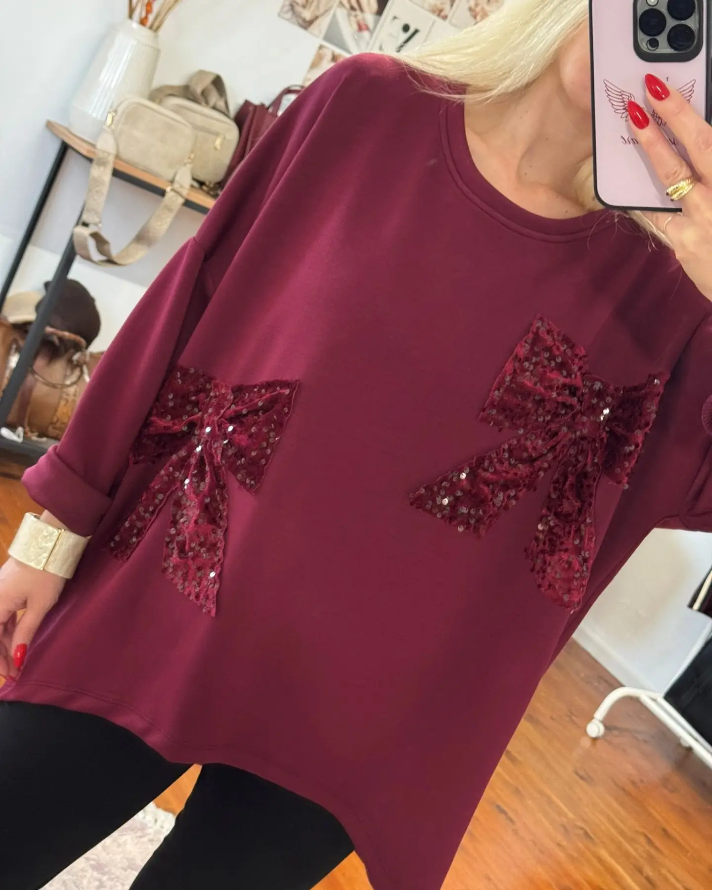 Μπλούζα βισκόζη με φιόγκους - Μπορντό - Image 3