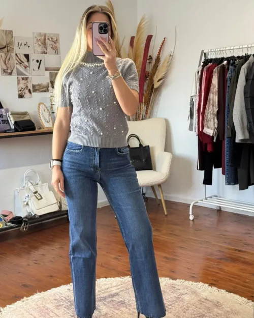 γκρι γυναικείο πλεκτό με πέρλες | ΤΖΙΝ ΜΠΛΕ