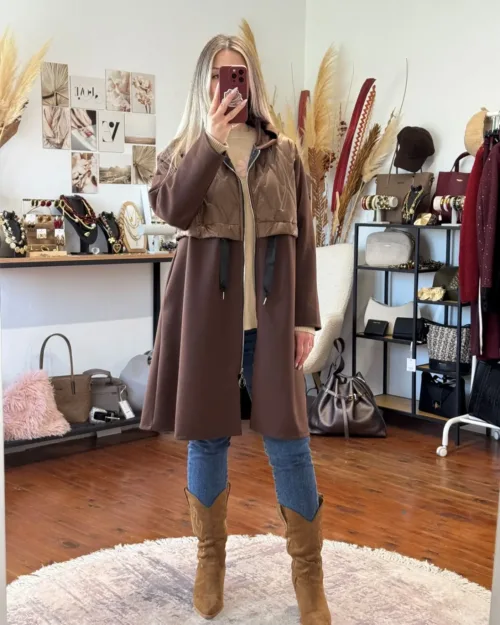 ανοιξιάτικο πανωφόρι καφέ με κουκούλα και puffer λεπτομέρεια