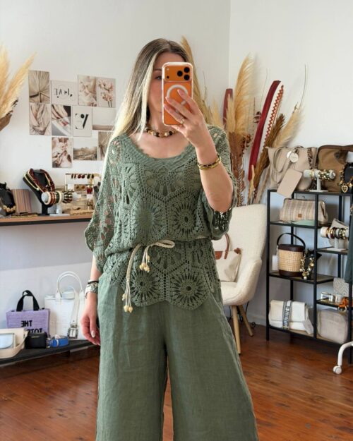 Γυναικεία πλεκτή καλοκαιρινή μπλούζα boho σε χακί απόχρωση με εσωτερικό ελαστικό τοπ.